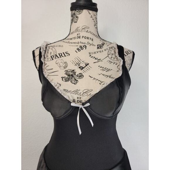 Frederick's Of Hollywood Vtg Black Satin Gothic Maid Size Small Mini Dress - Picture 4 of 9